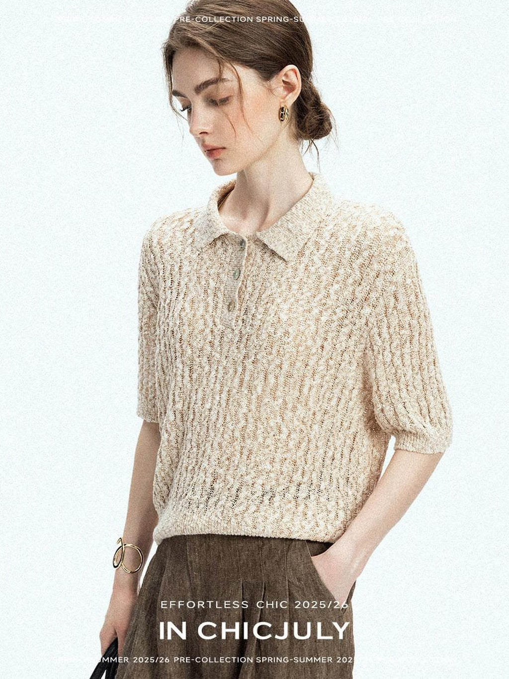 chicjuly Morocco Brown Mixed Yarn Polo Collar Women's Lyocell Short Sleeve T-shirts