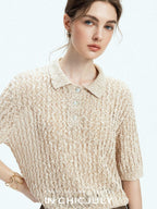 chicjuly Morocco Brown Mixed Yarn Polo Collar Women's Lyocell Short Sleeve T-shirts