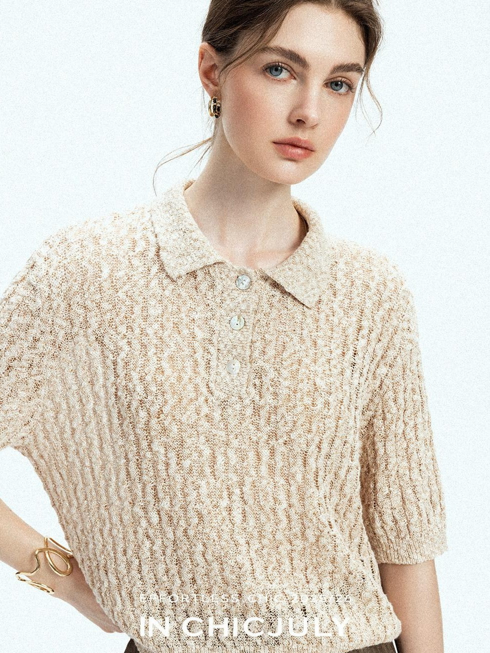chicjuly Morocco Brown Mixed Yarn Polo Collar Women's Lyocell Short Sleeve T-shirts
