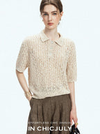 chicjuly Morocco Brown Mixed Yarn Polo Collar Women's Lyocell Short Sleeve T-shirts