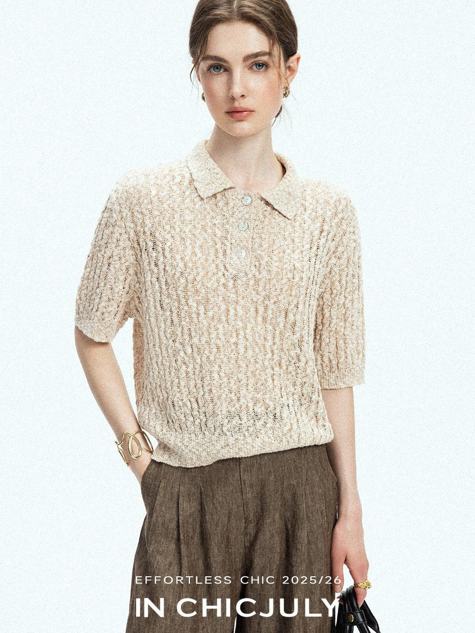 chicjuly Morocco Brown Mixed Yarn Polo Collar Women's Lyocell Short Sleeve T-shirts