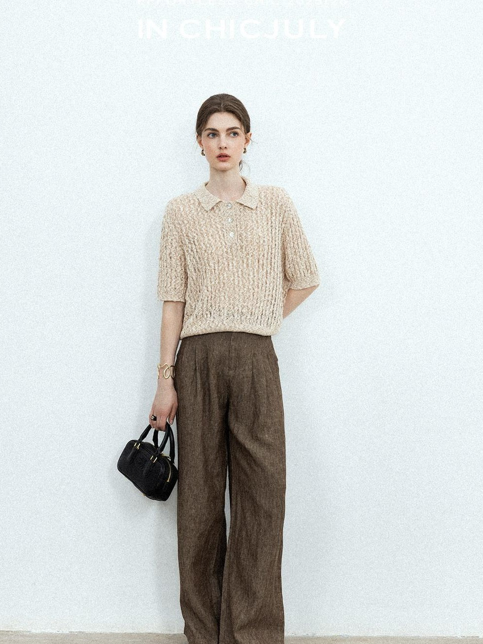 chicjuly Morocco Brown Mixed Yarn Polo Collar Women's Lyocell Short Sleeve T-shirts