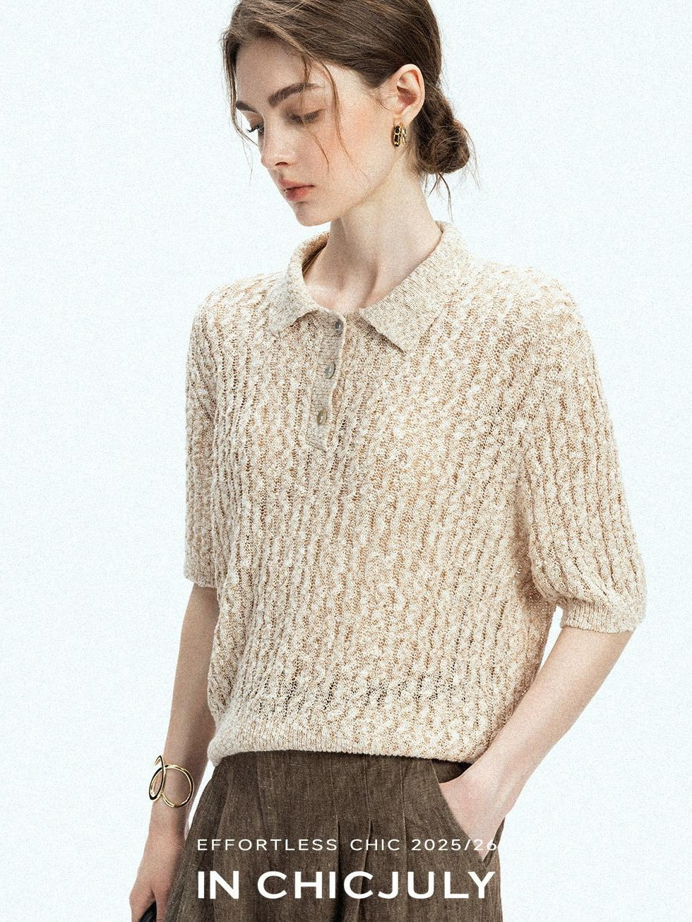 chicjuly Morocco Brown Mixed Yarn Polo Collar Women's Lyocell Short Sleeve T-shirts