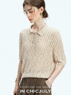 chicjuly Morocco Brown Mixed Yarn Polo Collar Women's Lyocell Short Sleeve T-shirts