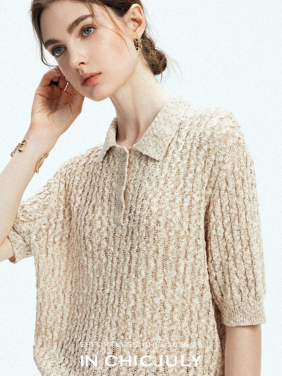 chicjuly Morocco Brown Mixed Yarn Polo Collar Women's Lyocell Short Sleeve T-shirts