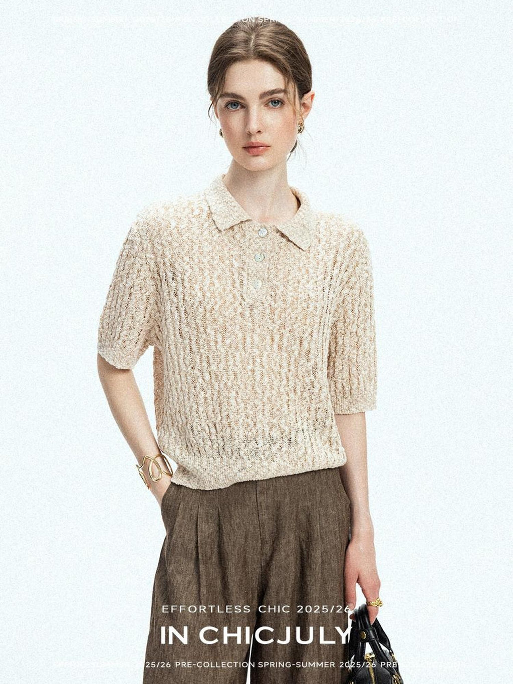 chicjuly Morocco Brown Mixed Yarn Polo Collar Women's Lyocell Short Sleeve T-shirts