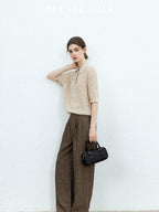 chicjuly Morocco Brown Mixed Yarn Polo Collar Women's Lyocell Short Sleeve T-shirts