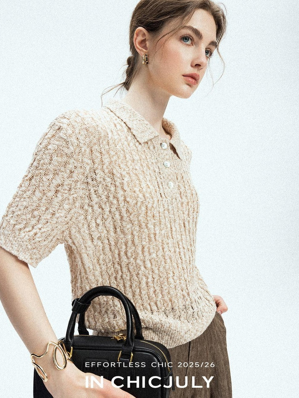 chicjuly Morocco Brown Mixed Yarn Polo Collar Women's Lyocell Short Sleeve T-shirts