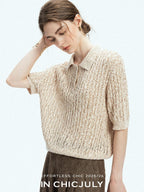 chicjuly Morocco Brown Mixed Yarn Polo Collar Women's Lyocell Short Sleeve T-shirts