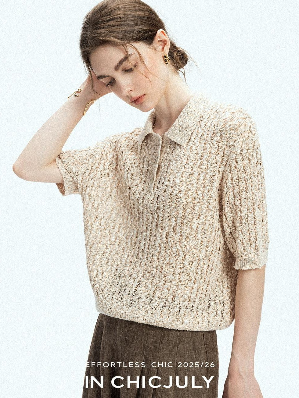 chicjuly Morocco Brown Mixed Yarn Polo Collar Women's Lyocell Short Sleeve T-shirts
