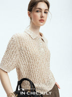 chicjuly Morocco Brown Mixed Yarn Polo Collar Women's Lyocell Short Sleeve T-shirts