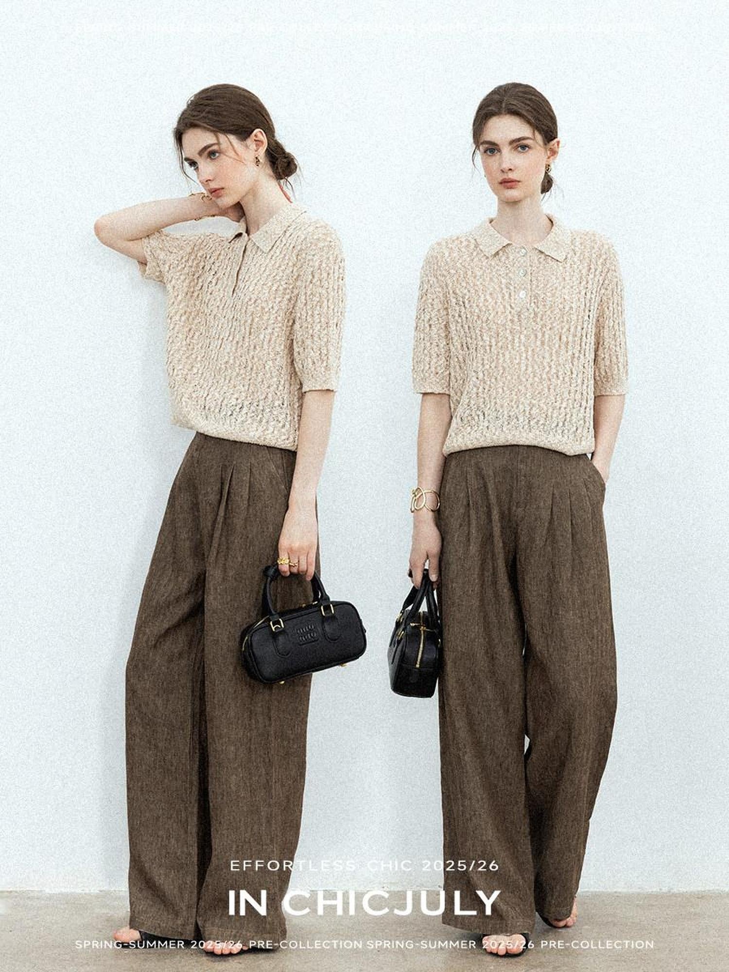 chicjuly Morocco Brown Mixed Yarn Polo Collar Women's Lyocell Short Sleeve T-shirts