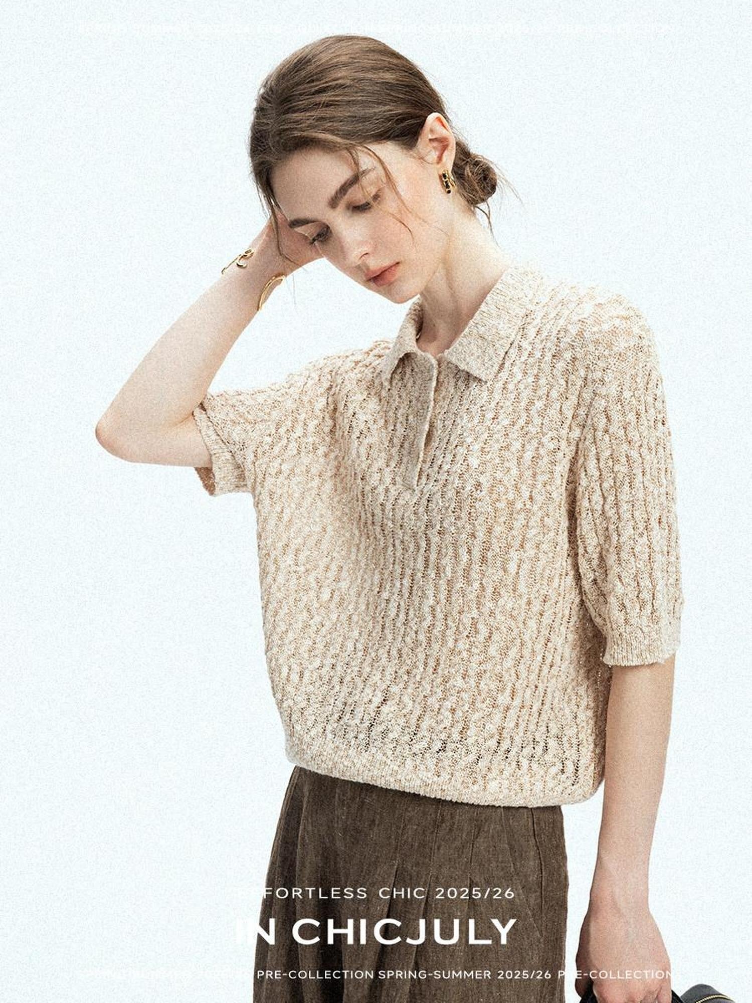 chicjuly Morocco Brown Mixed Yarn Polo Collar Women's Lyocell Short Sleeve T-shirts