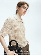 chicjuly Morocco Brown Mixed Yarn Polo Collar Women's Lyocell Short Sleeve T-shirts