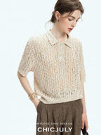 chicjuly Morocco Brown Mixed Yarn Polo Collar Women's Lyocell Short Sleeve T-shirts
