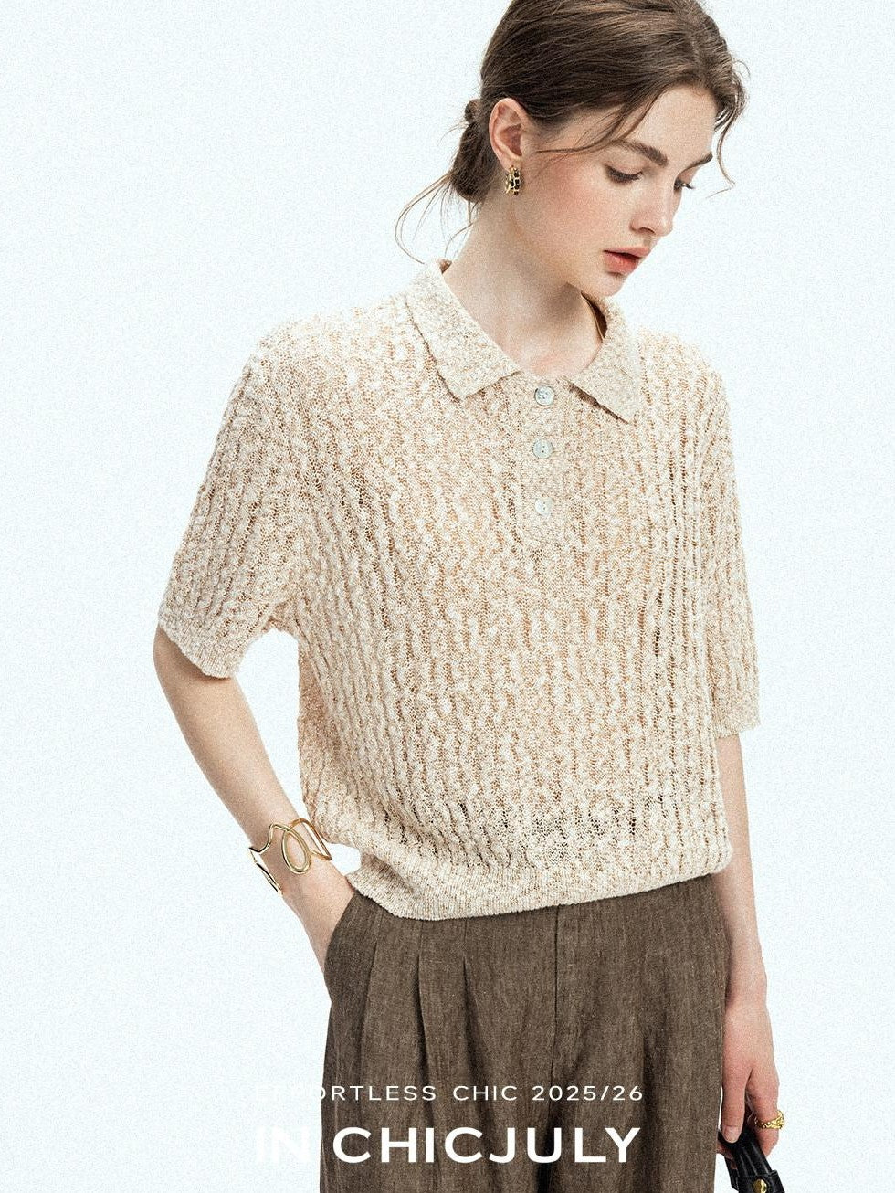 chicjuly Morocco Brown Mixed Yarn Polo Collar Women's Lyocell Short Sleeve T-shirts
