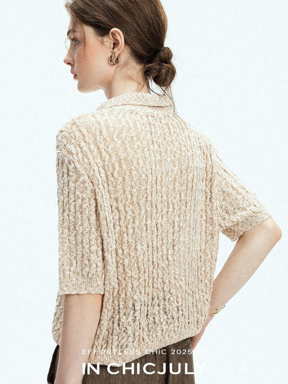 chicjuly Morocco Brown Mixed Yarn Polo Collar Women's Lyocell Short Sleeve T-shirts