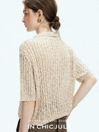 chicjuly Morocco Brown Mixed Yarn Polo Collar Women's Lyocell Short Sleeve T-shirts