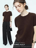chicjuly Muted Striped Heavy Knit Crew Neck Women's Wool Short Sleeve T-shirts