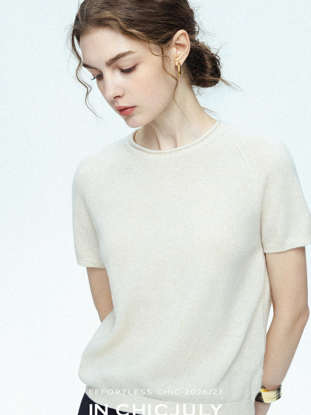 chicjuly Muted Striped Heavy Knit Crew Neck Women's Wool Short Sleeve T-shirts