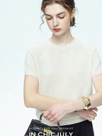 chicjuly Muted Striped Heavy Knit Crew Neck Women's Wool Short Sleeve T-shirts