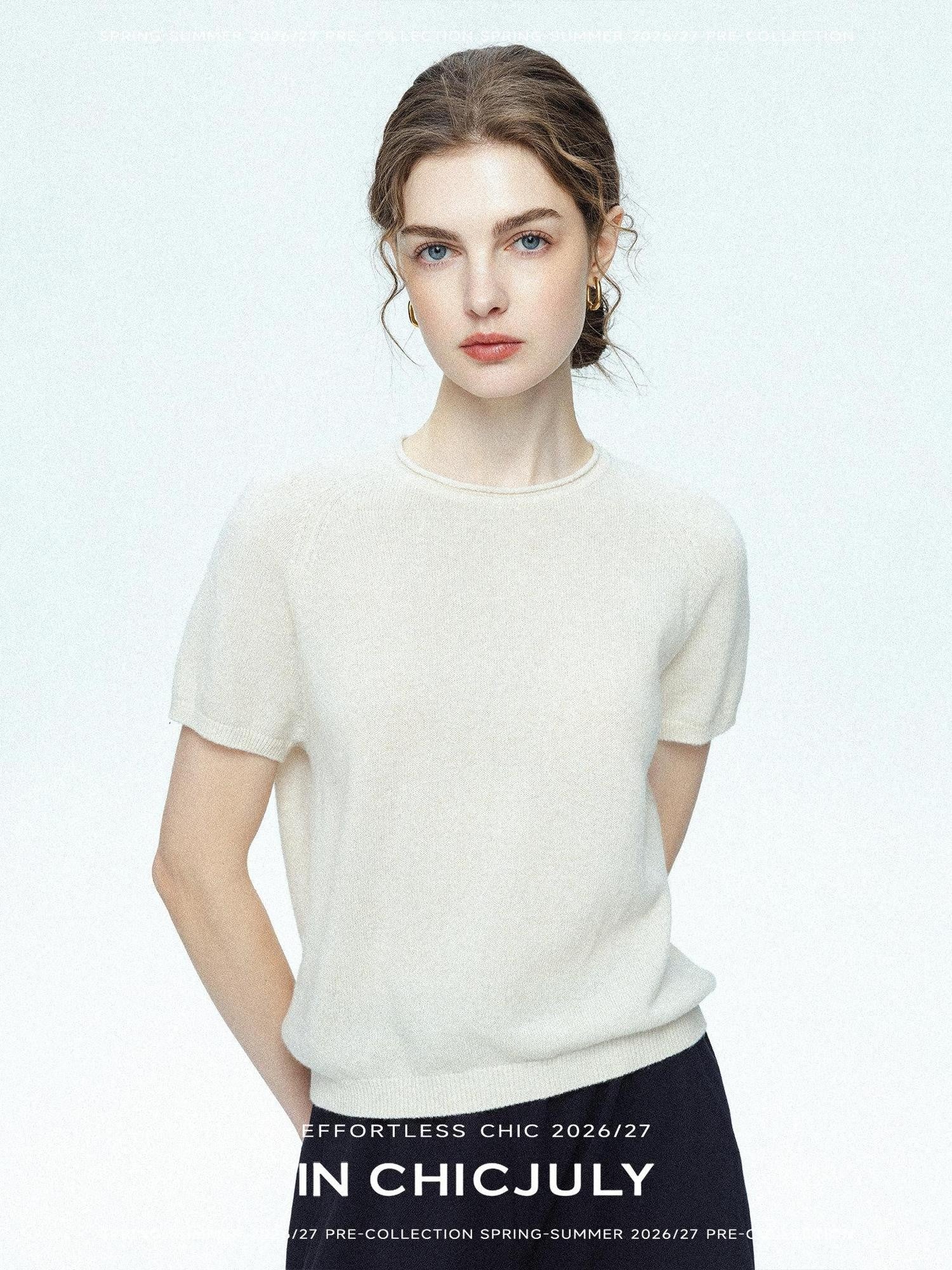chicjuly Muted Striped Heavy Knit Crew Neck Women's Wool Short Sleeve T-shirts