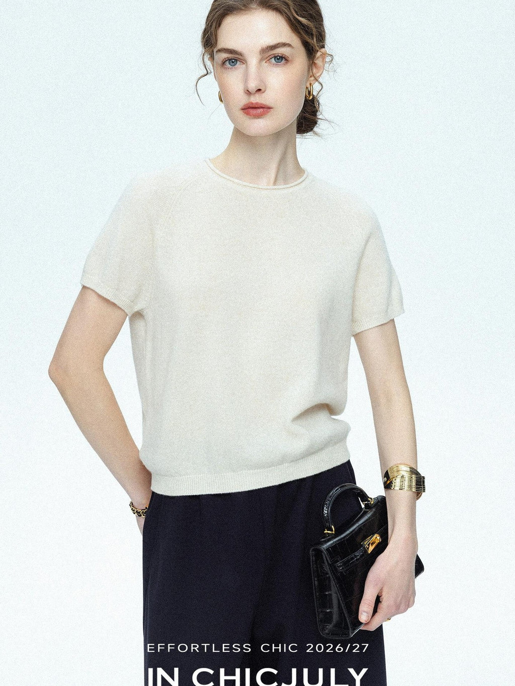 chicjuly Muted Striped Heavy Knit Crew Neck Women's Wool Short Sleeve T-shirts