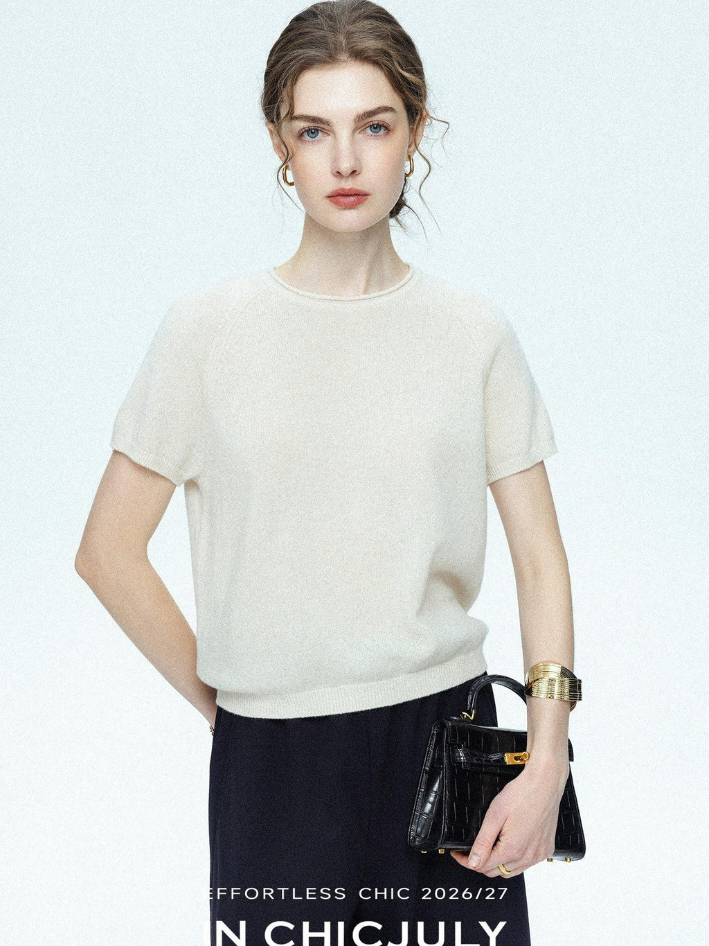 chicjuly Muted Striped Heavy Knit Crew Neck Women's Wool Short Sleeve T-shirts