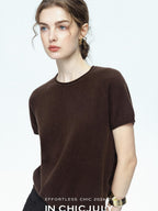 chicjuly Muted Striped Heavy Knit Crew Neck Women's Wool Short Sleeve T-shirts