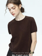 chicjuly Muted Striped Heavy Knit Crew Neck Women's Wool Short Sleeve T-shirts