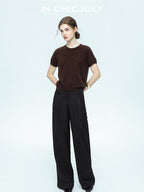 chicjuly Muted Striped Heavy Knit Crew Neck Women's Wool Short Sleeve T-shirts