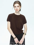 chicjuly Muted Striped Heavy Knit Crew Neck Women's Wool Short Sleeve T-shirts