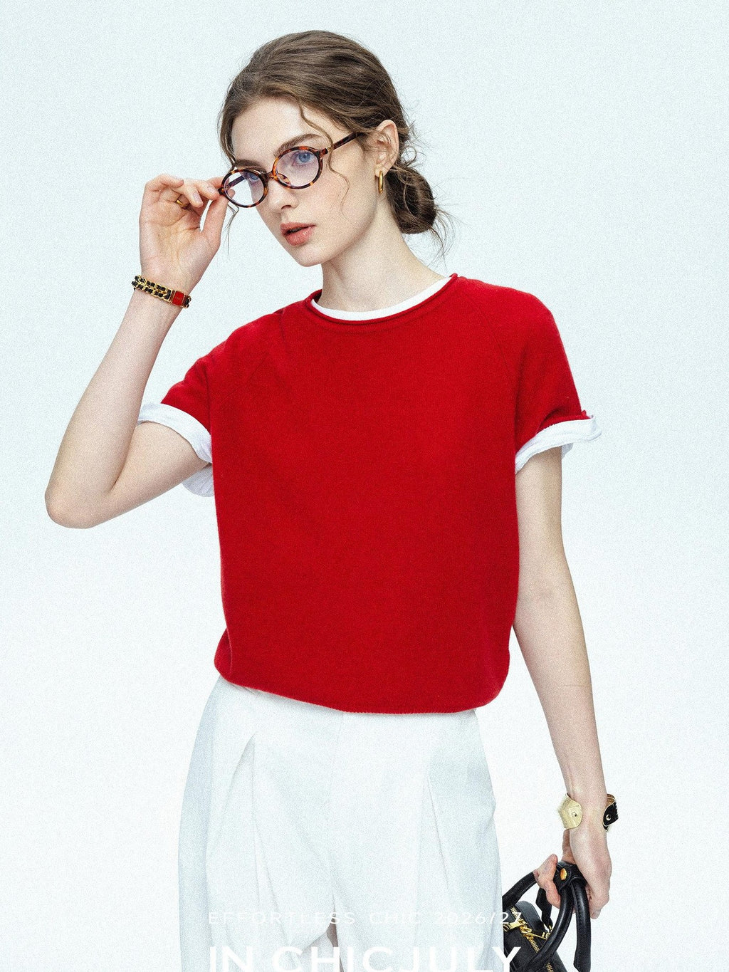 chicjuly Muted Striped Heavy Knit Crew Neck Women's Wool Short Sleeve T-shirts