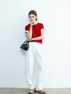 chicjuly Muted Striped Heavy Knit Crew Neck Women's Wool Short Sleeve T-shirts