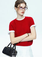 chicjuly Muted Striped Heavy Knit Crew Neck Women's Wool Short Sleeve T-shirts