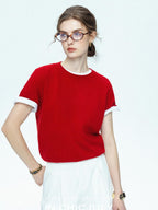 chicjuly Muted Striped Heavy Knit Crew Neck Women's Wool Short Sleeve T-shirts