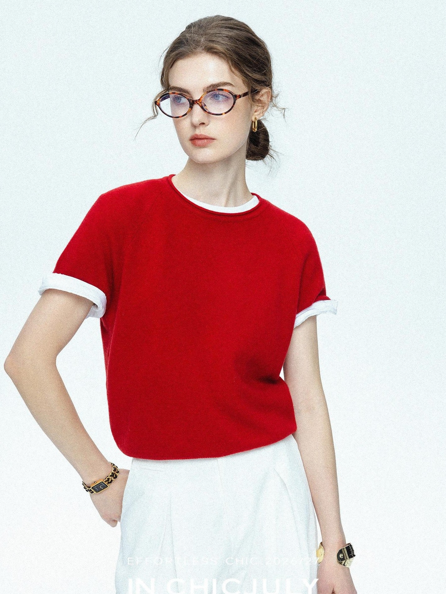 chicjuly Muted Striped Heavy Knit Crew Neck Women's Wool Short Sleeve T-shirts
