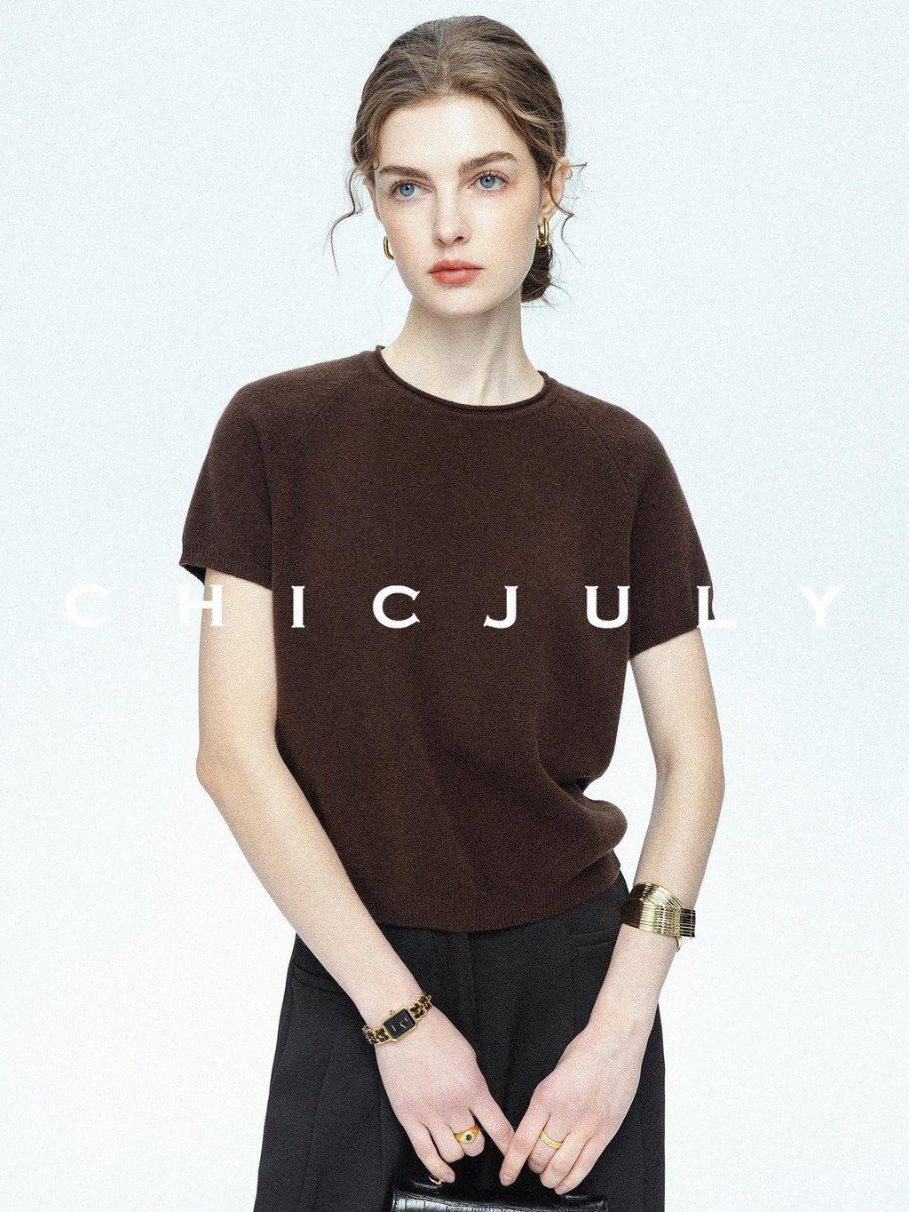 chicjuly Muted Striped Heavy Knit Crew Neck Women's Wool Short Sleeve T-shirts