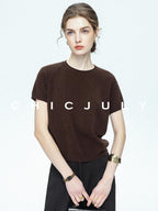 chicjuly Muted Striped Heavy Knit Crew Neck Women's Wool Short Sleeve T-shirts