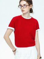 chicjuly Muted Striped Heavy Knit Crew Neck Women's Wool Short Sleeve T-shirts