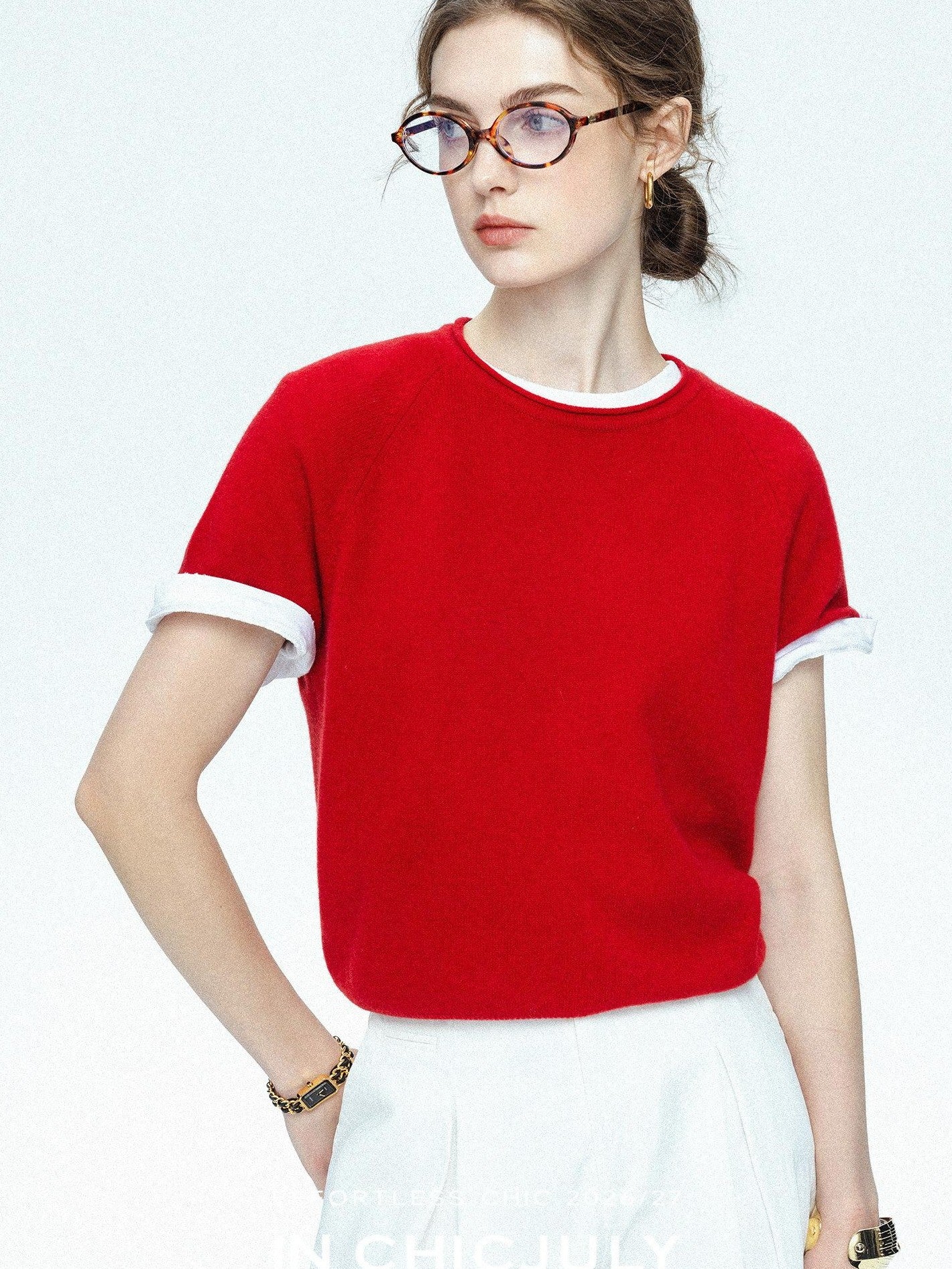 chicjuly Muted Striped Heavy Knit Crew Neck Women's Wool Short Sleeve T-shirts