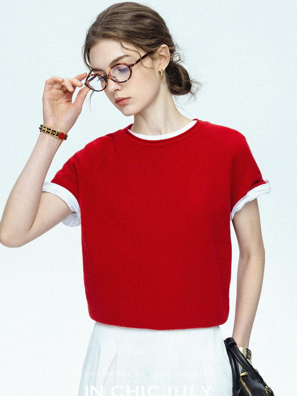 chicjuly Muted Striped Heavy Knit Crew Neck Women's Wool Short Sleeve T-shirts