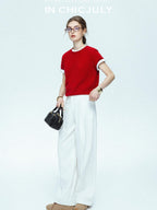 chicjuly Muted Striped Heavy Knit Crew Neck Women's Wool Short Sleeve T-shirts