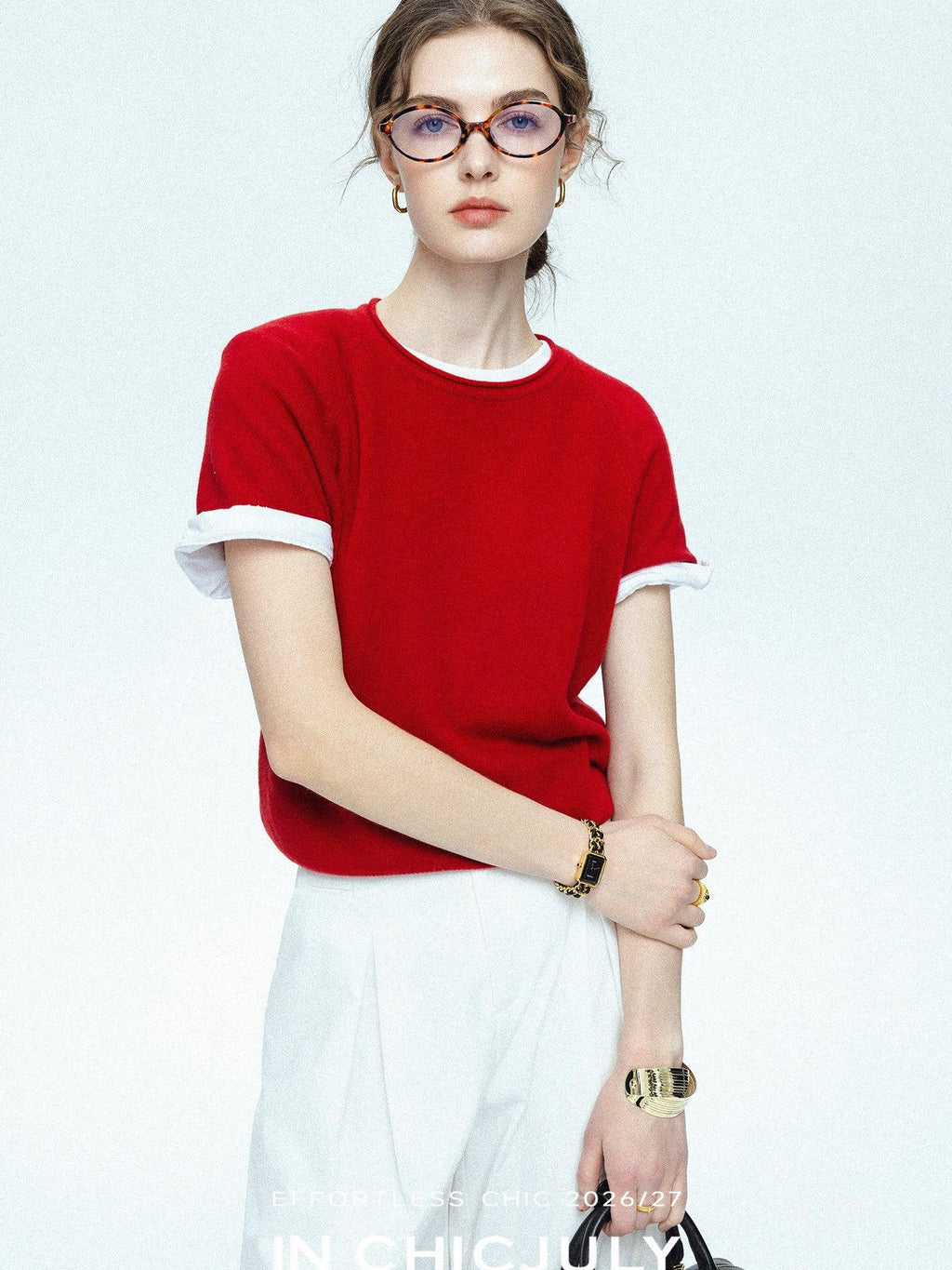 chicjuly Muted Striped Heavy Knit Crew Neck Women's Wool Short Sleeve T-shirts