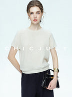 chicjuly Muted Striped Heavy Knit Crew Neck Women's Wool Short Sleeve T-shirts