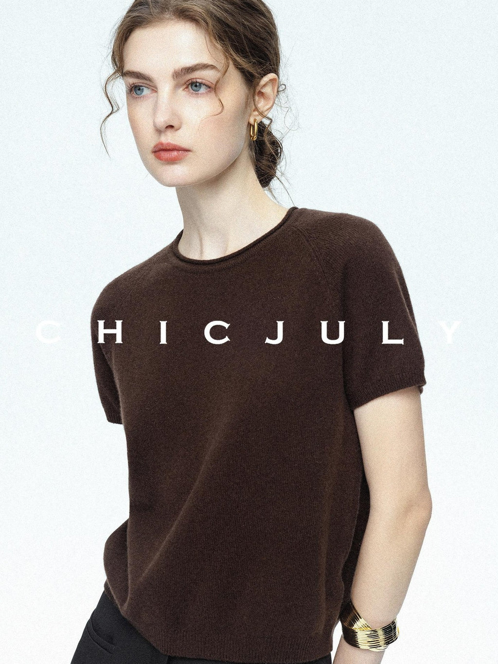 chicjuly Muted Striped Heavy Knit Crew Neck Women's Wool Short Sleeve T-shirts