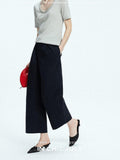 Navy Stonewash Cutout High Waist Pockets Women's Polyester Wide-leg Pants