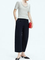 Navy Stonewash Cutout High Waist Pockets Women's Polyester Wide-leg Pants