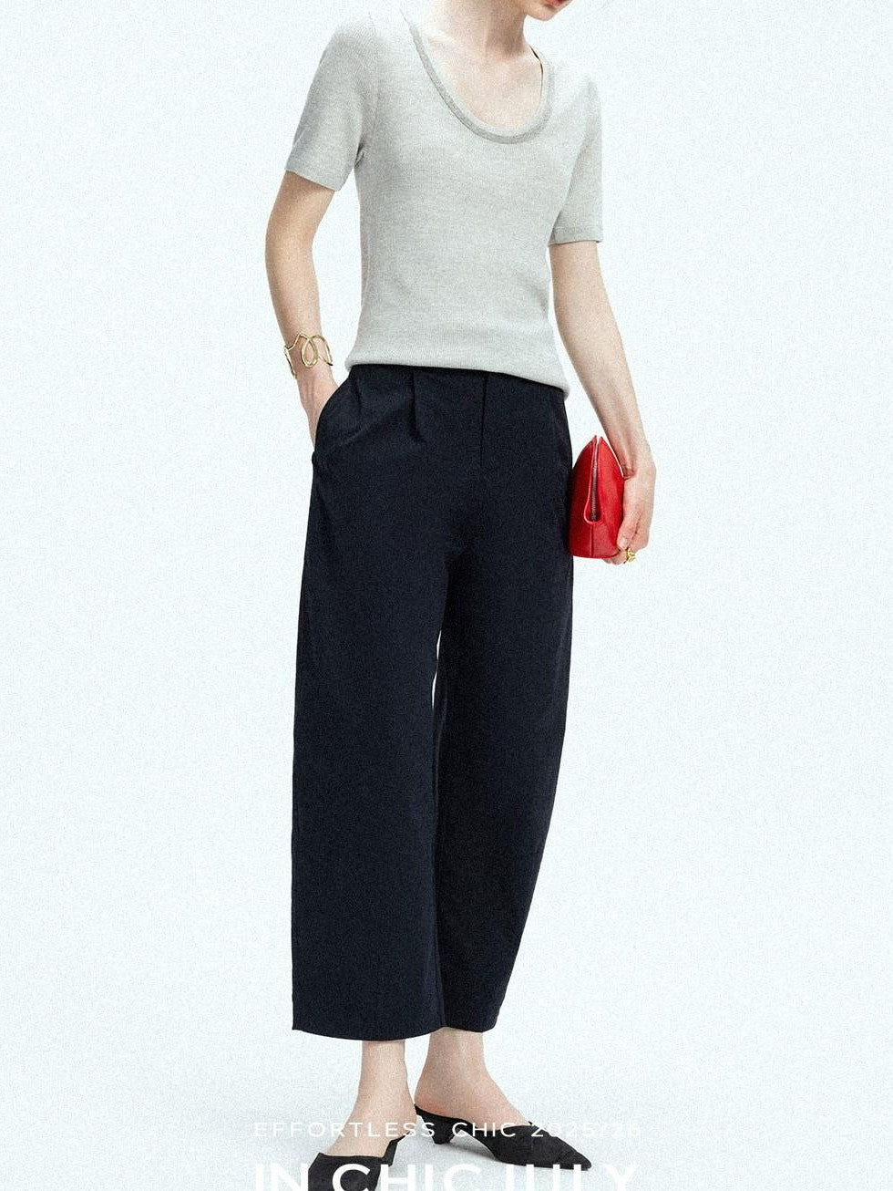 Navy Stonewash Cutout High Waist Pockets Women's Polyester Wide-leg Pants