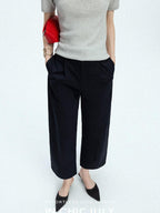 Navy Stonewash Cutout High Waist Pockets Women's Polyester Wide-leg Pants
